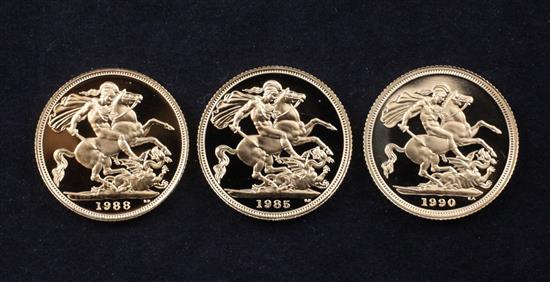 Three gold proof full sovereigns, 1985, 1988 & 1990,